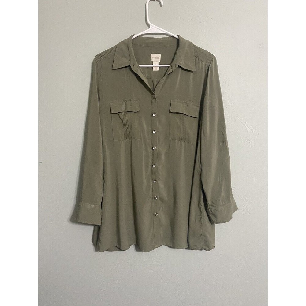 Chico's 100% Rayon PETITE Size 2 Green Roll Tab Sleeve Button Up Top Tunic